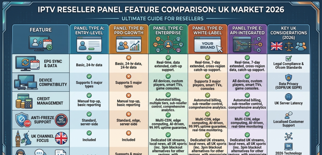 IPTV reseller panel feature comparison for UK market 2026"