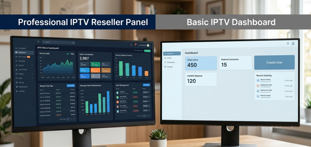Side-by-side comparison of a professional IPTV reseller panel versus a basic dashboard