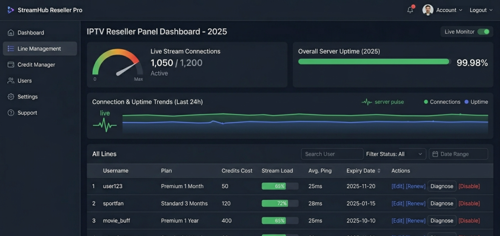 IPTV reseller panel dashboard showing live stream connections and server uptime in 2025