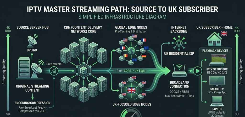 Server infrastructure diagram showing IPTV streaming path from source to UK subscriber