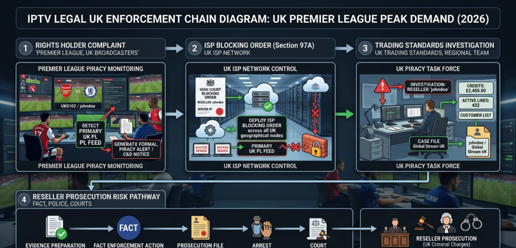 IPTV legal UK enforcement chain diagram showing rights holder complaints, ISP blocking orders, and reseller prosecution risk pathway in 2026