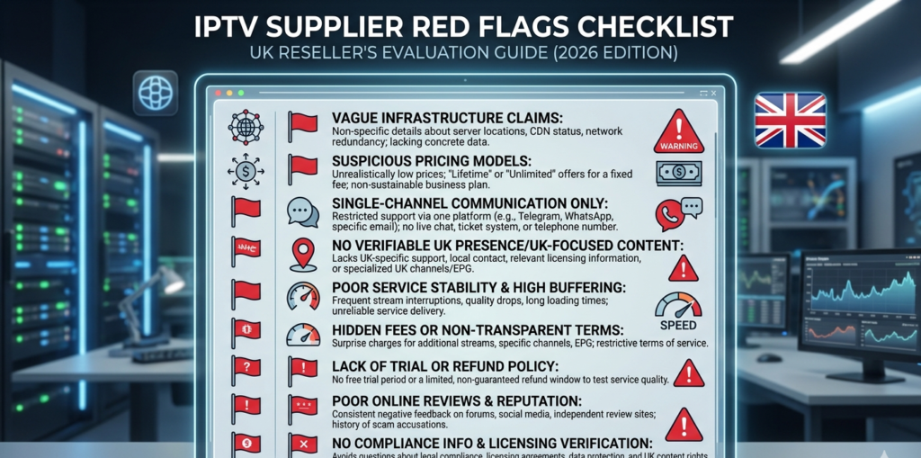 IPTV supplier red flags checklist showing warning signs including vague infrastructure claims, suspicious pricing, and single-channel communication for UK resellers"