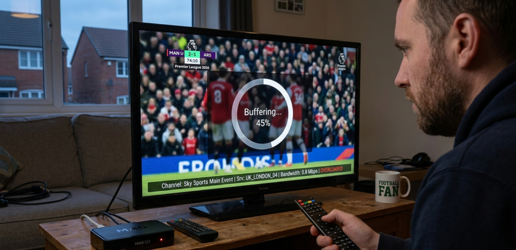 IPTV buffering error on a MAG box during a live football match — common sign of oversold UK servers