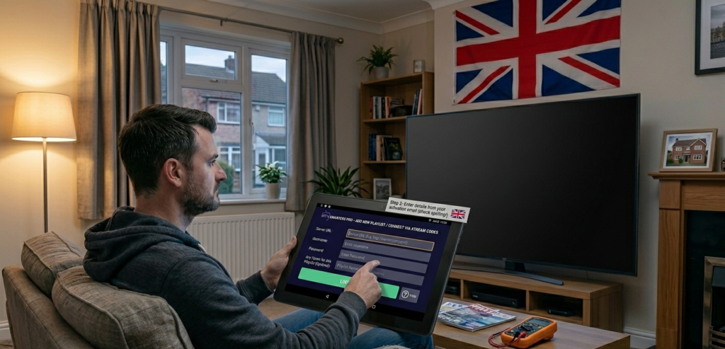 IPTV Smarters Pro connection setup screen showing Xtream Codes username and password fields on Android tablet