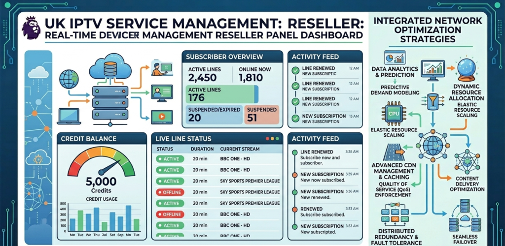 "IPTV reseller panel dashboard showing active subscriber lines and credit balance — UK IPTV service management