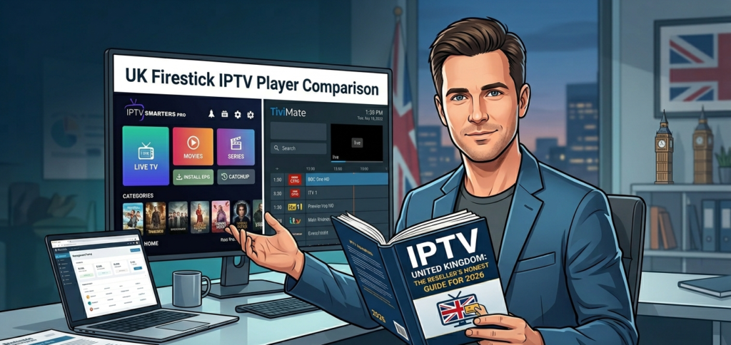 "Comparison of IPTV player interfaces on UK Firestick showing IPTV Smarters Pro and TiviMate home screens side by side