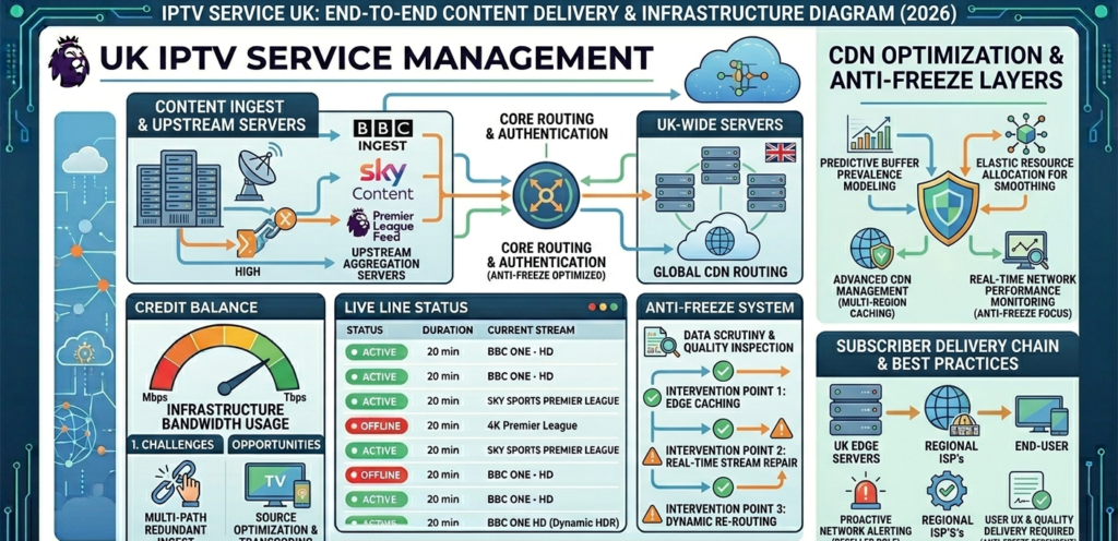 IPTV services infrastructure diagram showing CDN routing, UK servers, anti-freeze system, and subscriber delivery chain