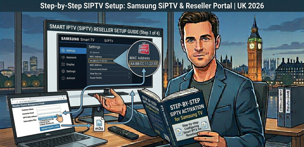 Step-by-step Smart IPTV setup process showing MAC address screen on Samsung TV and web-based playlist configuration on laptop for UK IPTV resellers