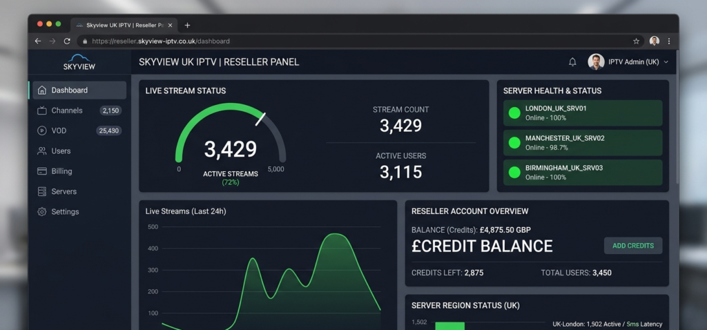 IPTV reseller panel dashboard showing UK server connections and active streams