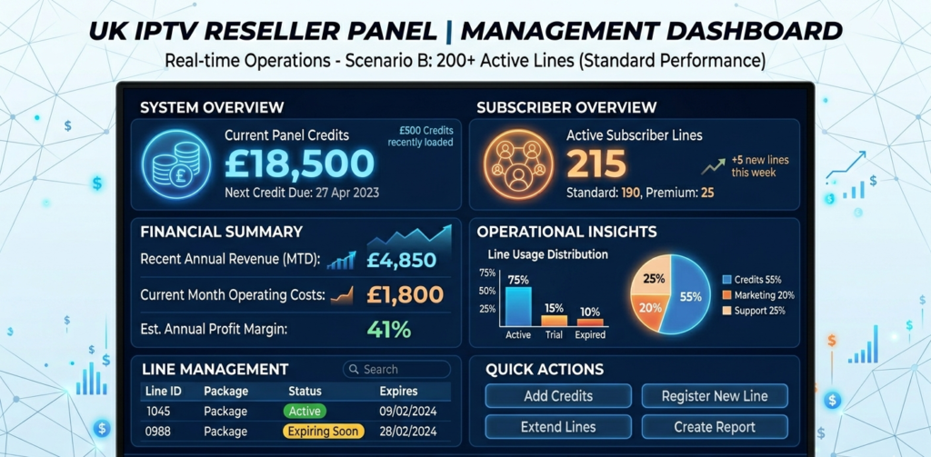 "United Kingdom IPTV reseller panel showing credit balance and active subscriber lines"