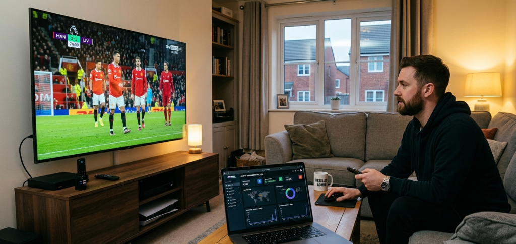 4K IPTV stream playing on a large UK living room television via Firestick 4K Max device