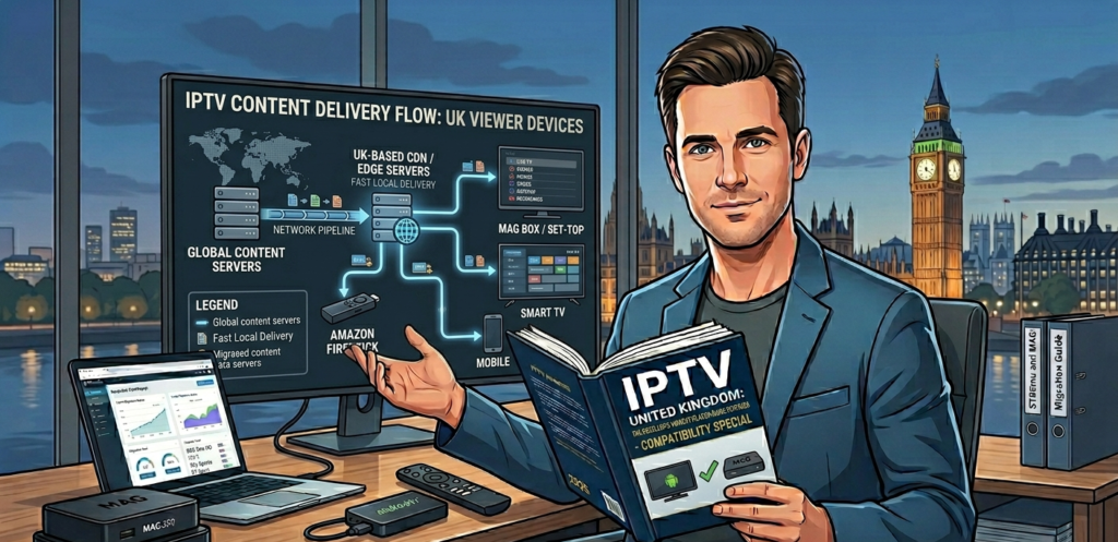 Diagram showing how IPTV delivers content through internet servers to UK viewer devices including Firestick, MAG box, and smart TV