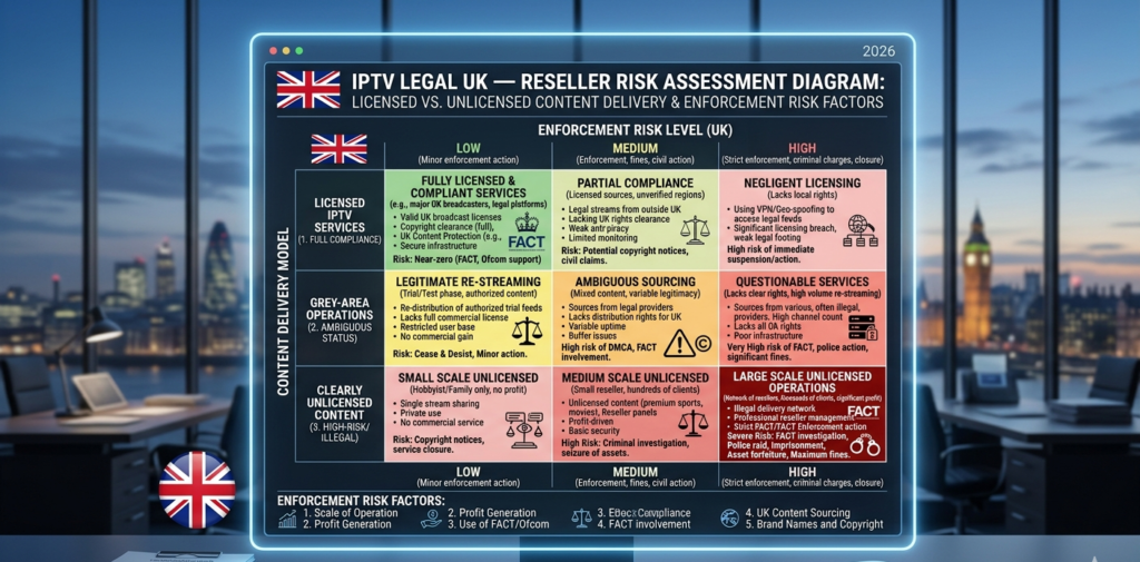 "Is IPTV legal UK — reseller legal risk assessment diagram showing licensed versus unlicensed content delivery and enforcement risk factors"