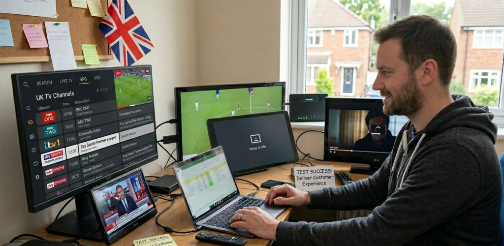 "IPTV app interface showing EPG grid and active stream on a Firestick device