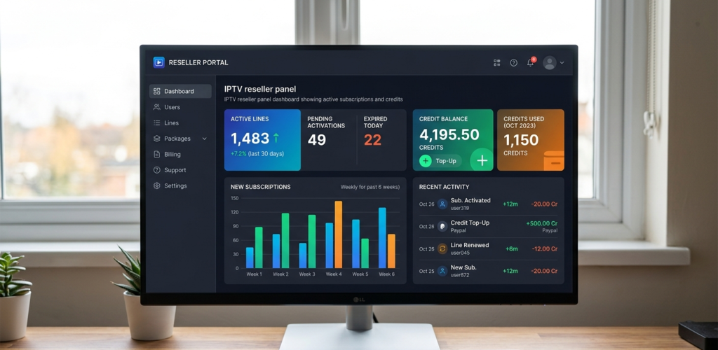 IPTV reseller panel dashboard showing active subscriptions and credits