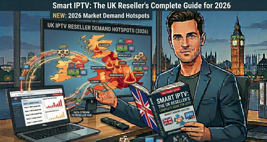 Map of UK showing British IPTV reseller market demand concentration by region, with higher density in major cities and football hotspots