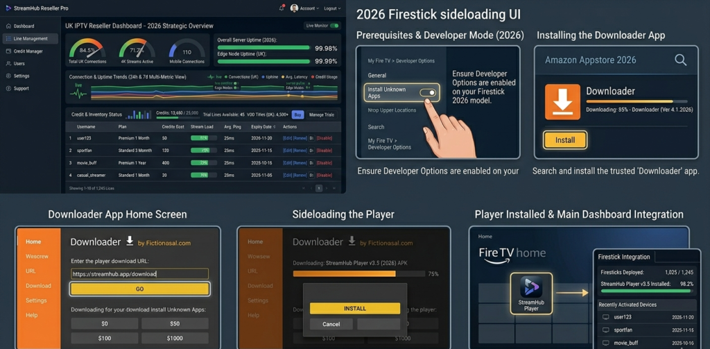 Firestick sideloading process for IPTV app installation showing developer options and Downloader application in 2025