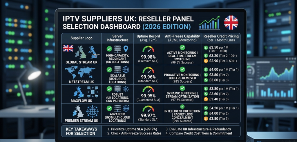 "IPTV suppliers UK comparison showing server infrastructure, uptime records, anti-freeze capability, and credit pricing for reseller panel selection"]