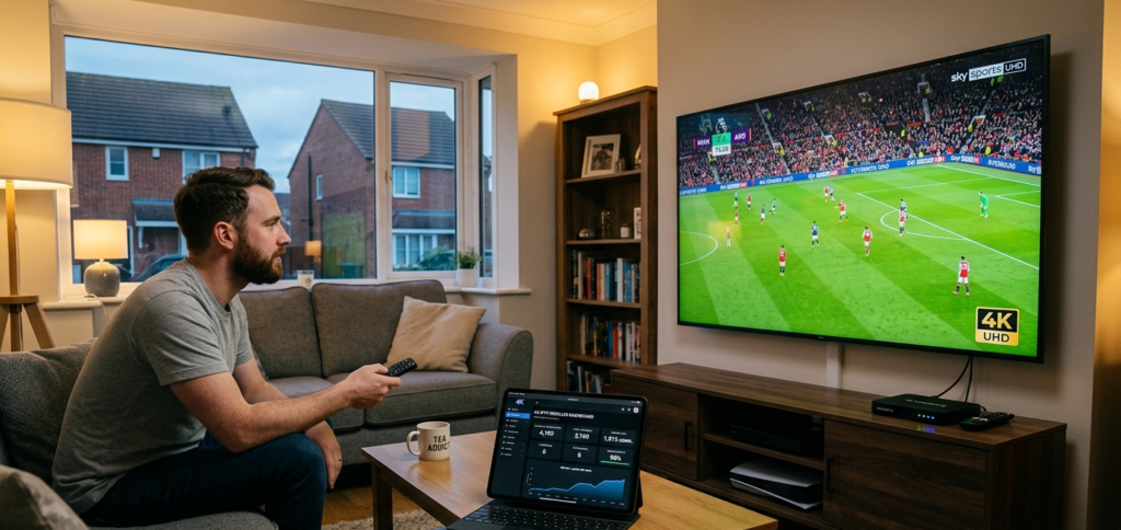 IPTV 4K stream displaying crystal clear ultra-high definition football on a large UK living room television