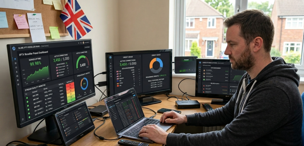 "IPTV reseller panel dashboard showing active connections and server uptime stats