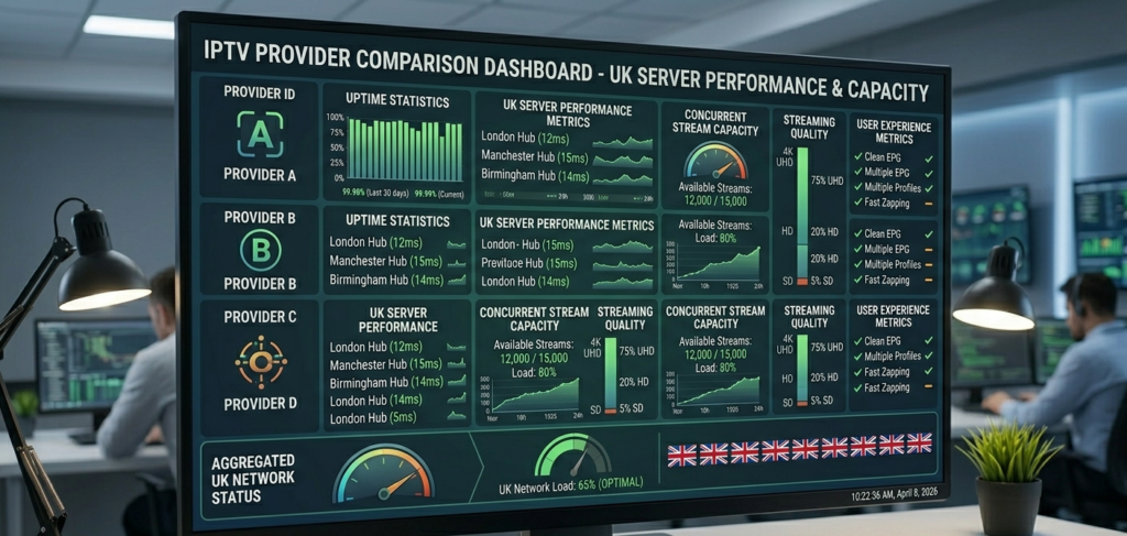IPTV provider comparison dashboard showing uptime statistics and UK server performance metrics