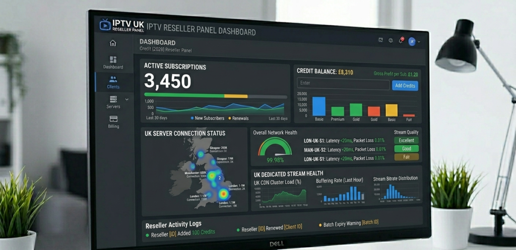 "IPTV reseller panel dashboard showing active subscriptions, credit balance, and UK server connection status