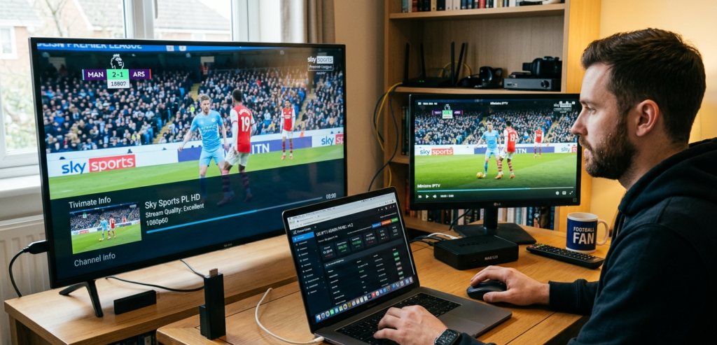 UK IPTV reseller checking stream quality on Firestick and MAG box during live football
