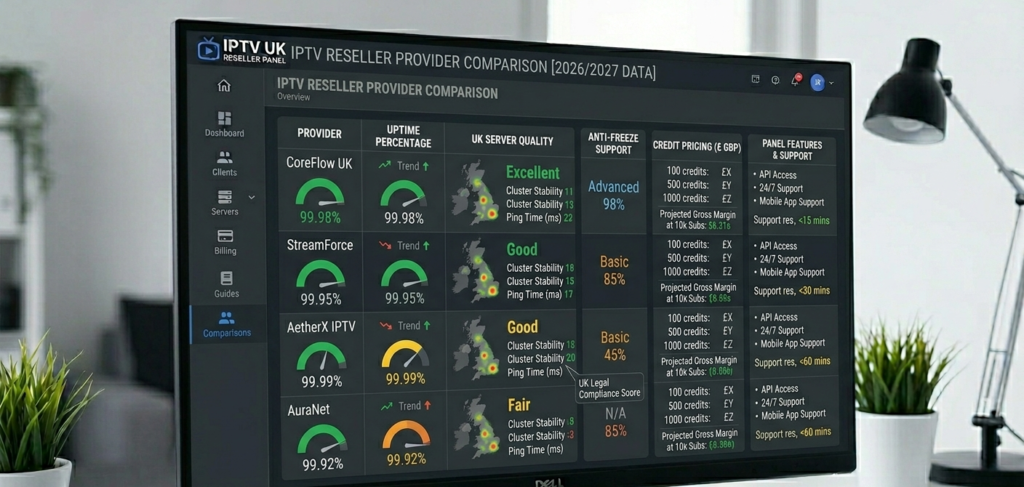 Comparison chart of IPTV reseller providers showing uptime percentage, UK server quality, anti-freeze support, and credit pricing