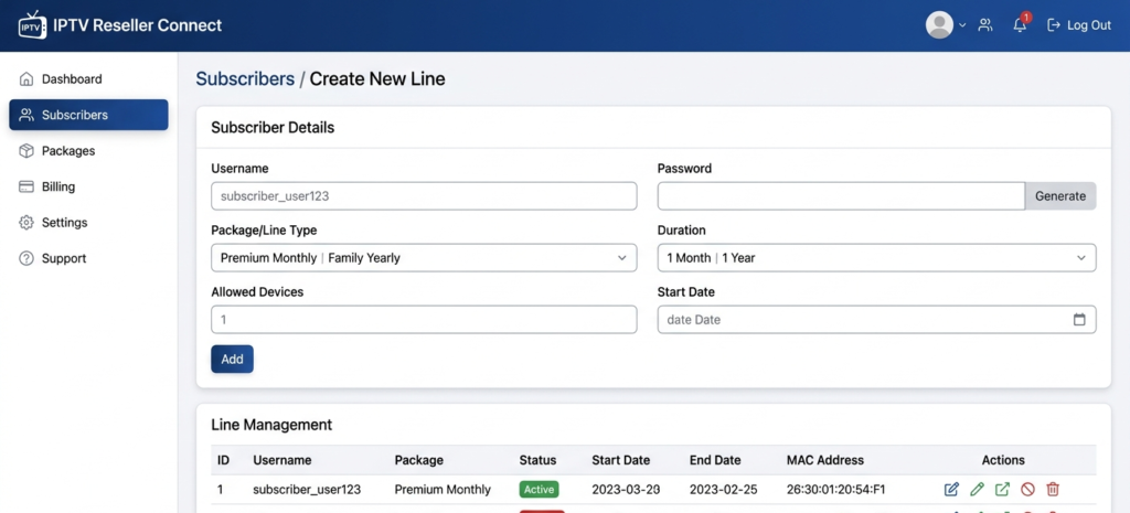 IPTV reseller panel showing how to create and manage subscriber lines