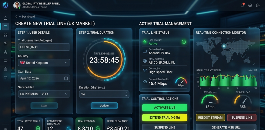 UK IPTV reseller panel trial line setup dashboard with active connection management"