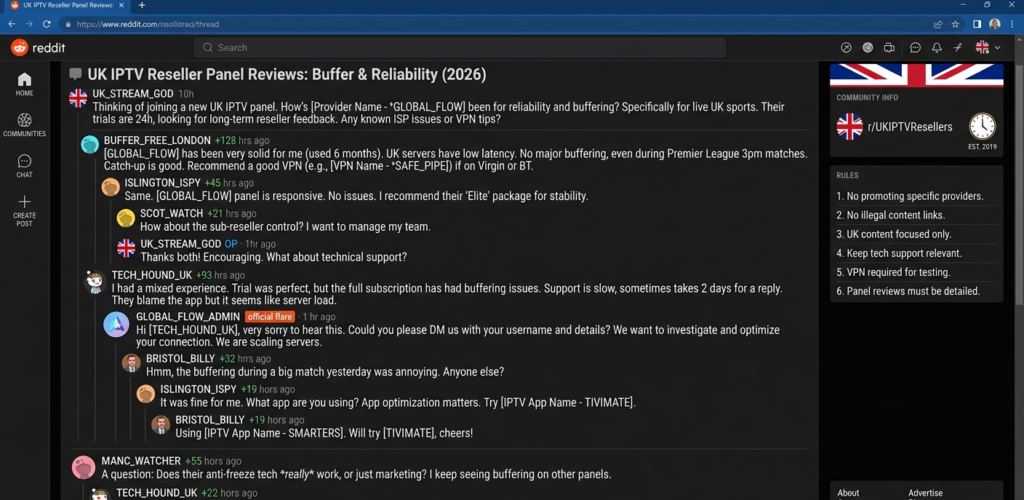 IPTV Reddit thread showing UK reseller reviews and customer questions about buffering and panel reliability"