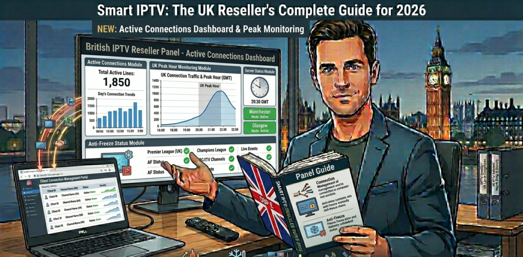 British IPTV reseller panel showing active connections dashboard with UK peak hour monitoring and anti-freeze status indicators