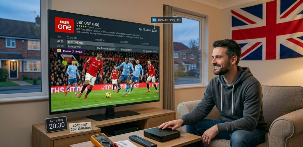 "Android TV box connected to UK television running TiviMate IPTV app with full HD stream active