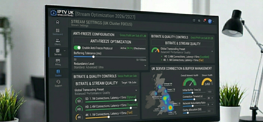 IPTV reseller panel stream settings showing anti-freeze configuration, bitrate controls, and buffer management options for UK server connections