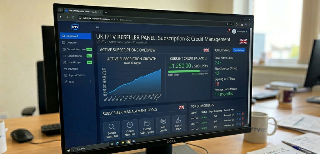 "UK IPTV subscription reseller panel displaying active lines, credits, and subscriber management tools"