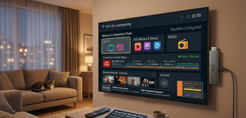 IPTV Firestick setup showing a reseller-configured streaming app on a UK living room television in 2025