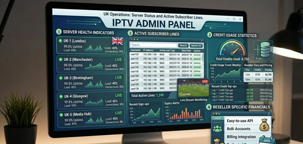 IPTV panel admin view showing UK server status and active subscriber lines