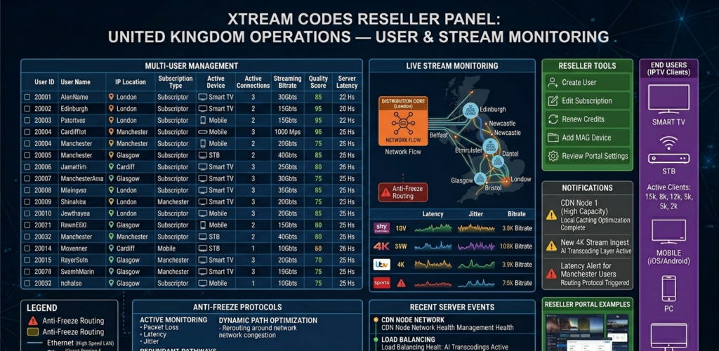 Xtream Codes reseller panel dashboard for IPTV United Kingdom operations showing user management and stream monitoring tools