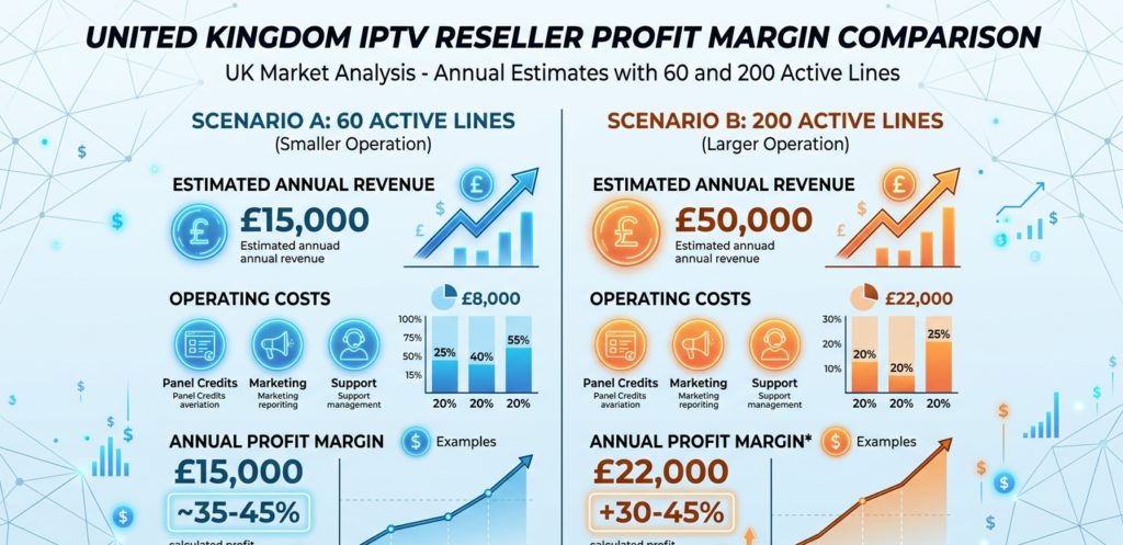 United Kingdom IPTV reseller profit calculation example with 60 and 200 active lines