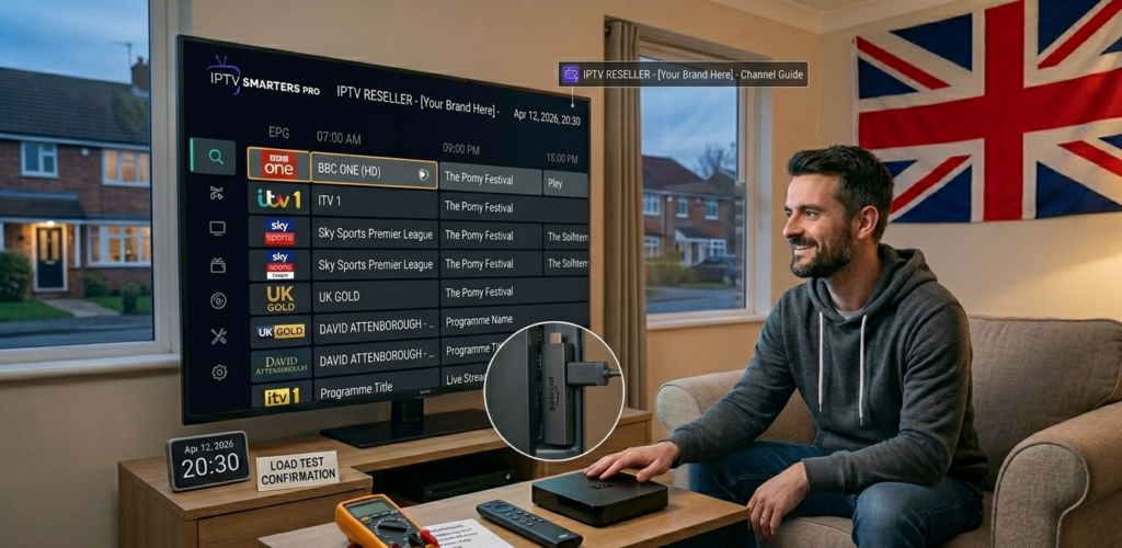 Amazon Firestick 4K Max connected to UK household television with IPTV app interface on screen