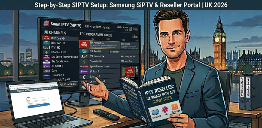 Smart IPTV application interface on Samsung smart TV showing UK channel list and EPG programme guide for IPTV reseller clients
