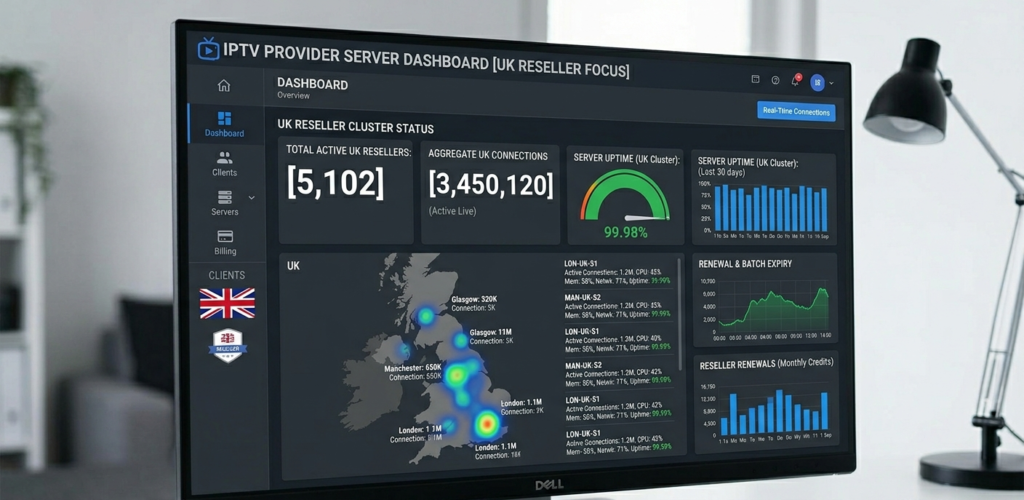 IPTV provider server dashboard showing uptime stats and active connections for UK resellers