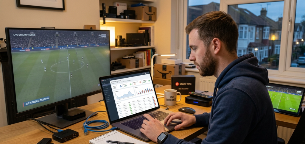 UK IPTV reseller managing customer subscriptions on laptop with Firestick and MAG box on desk