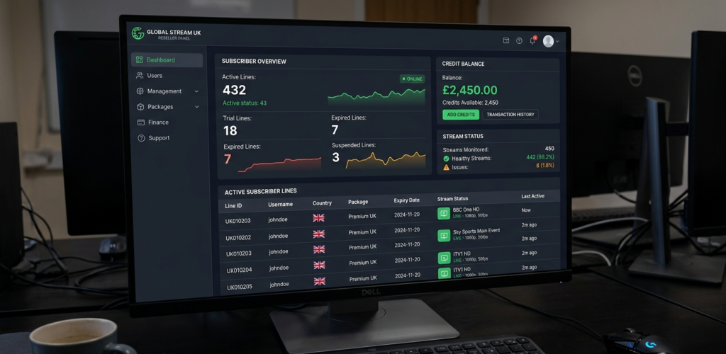 IPTV services UK reseller panel showing active subscriber lines, credit balance, and stream status dashboard