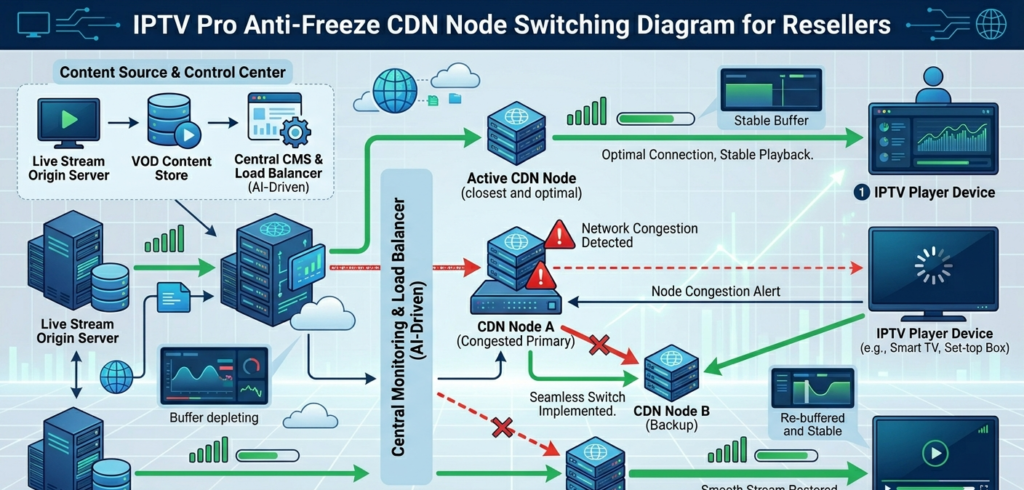 IPTV pro anti-freeze CDN node switching diagram for resellers