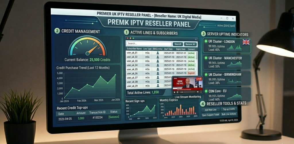 UK IPTV subscription dashboard showing active lines and credits on a reseller panel
