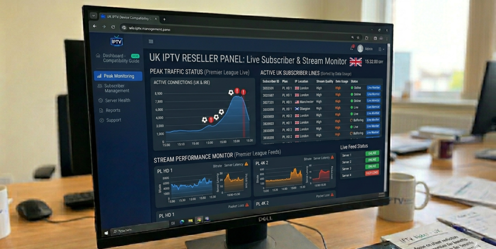 IPTV reseller panel showing active UK subscriber lines and stream monitor during Premier League peak traffic"]