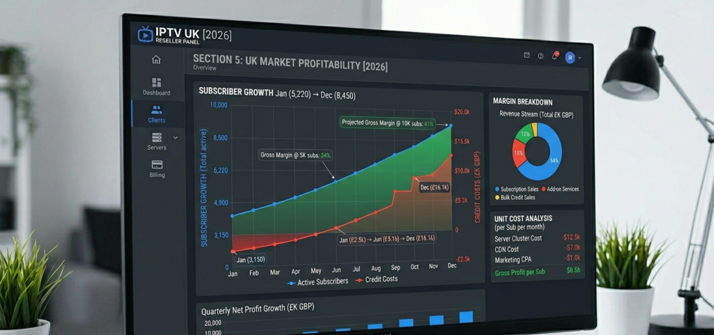 IPTV reseller profit calculation chart showing subscriber growth versus credit costs in the UK market