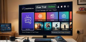 IPTV free trial being tested on Firestick using IPTV Smarters Pro app in the UK