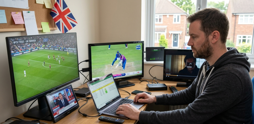 Reseller testing IPTV stream quality on multiple devices including Firestick and MAG box